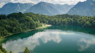 lake with mountains in background